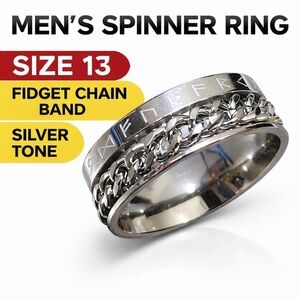 Brand New Men’s Spinner Ring Size 13 Silver Tone Chain Band Fidget Ring Runic